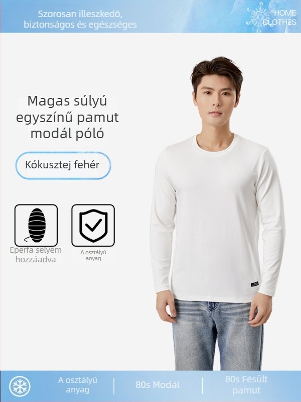 Férfi hosszú ujjú modal-pamut póló, laza szabású, egyszínű, kerek nyakú, mindennapi viselet
