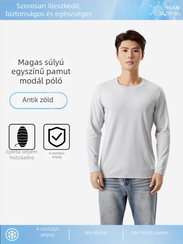 Férfi hosszú ujjú modal-pamut póló, laza szabású, egyszínű, kerek nyakú, mindennapi viselet