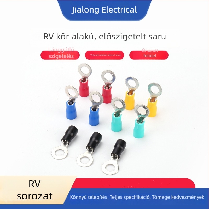 Európai stílusú hideg préselés terminál RV1.25-3.2, kerek, méretek 2/3.5/5.5/4/5, előre szigetelt réz csúcs