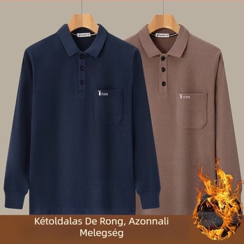 Férfi póló kétoldalas fleece-ből, zsebbel, hosszú ujjú, egyszínű, meleg ősz-télre.