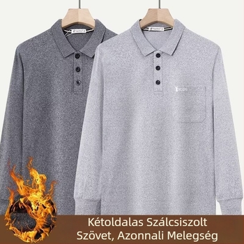 Férfi póló kétoldalas fleece-ből, zsebbel, hosszú ujjú, egyszínű, meleg ősz-télre.
