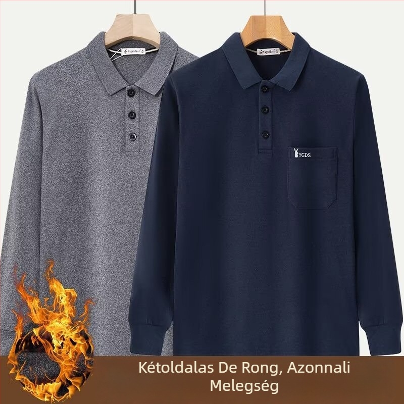 Férfi póló kétoldalas fleece-ből, zsebbel, hosszú ujjú, egyszínű, meleg ősz-télre.