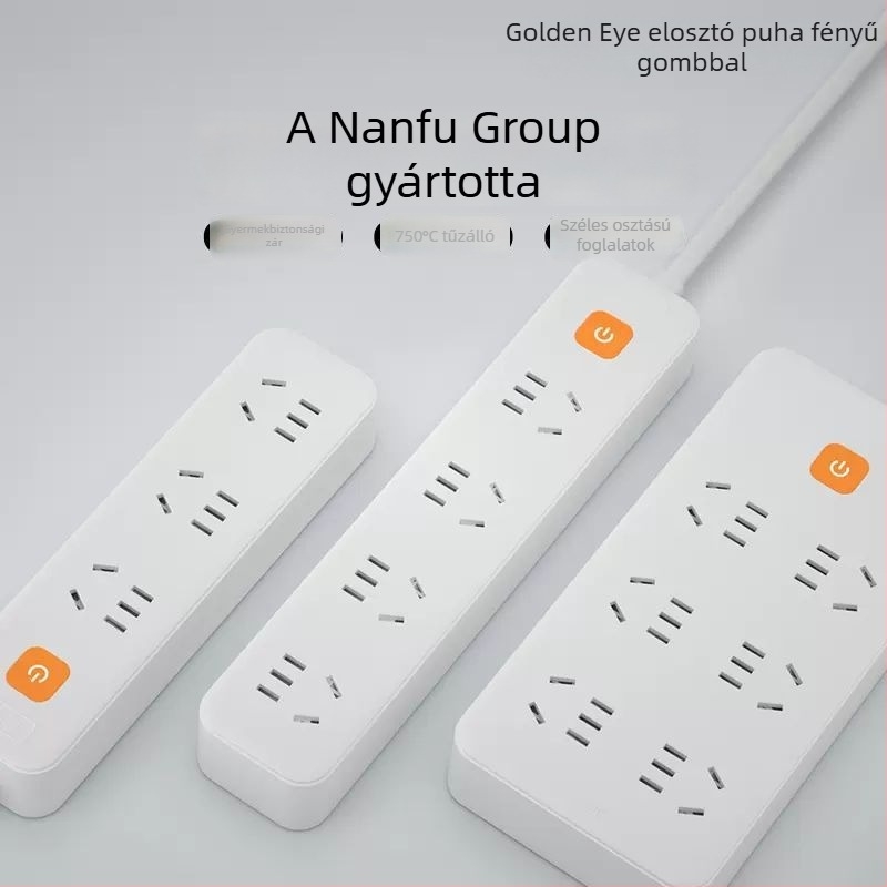 Nanfu Golden Eye többhelyes elosztó hosszú kábellel, kollégiumi és otthoni használatra, csatlakozó panel, biztonságos aljzatok