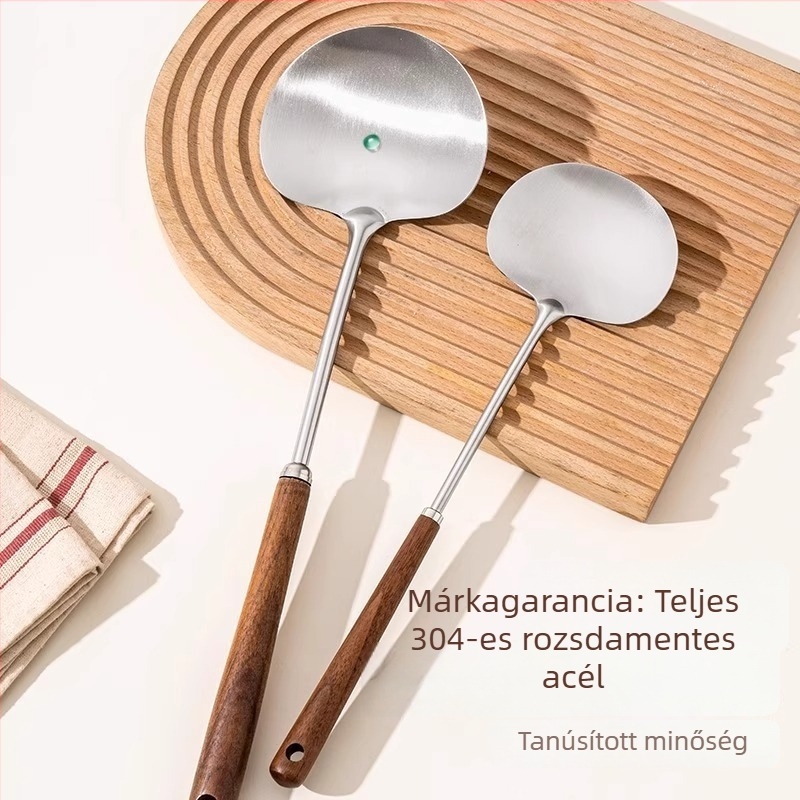 Hosszú nyelű gombás spatula, 304 rozsdamentes acélból, konyhai spatula fa nyéllel