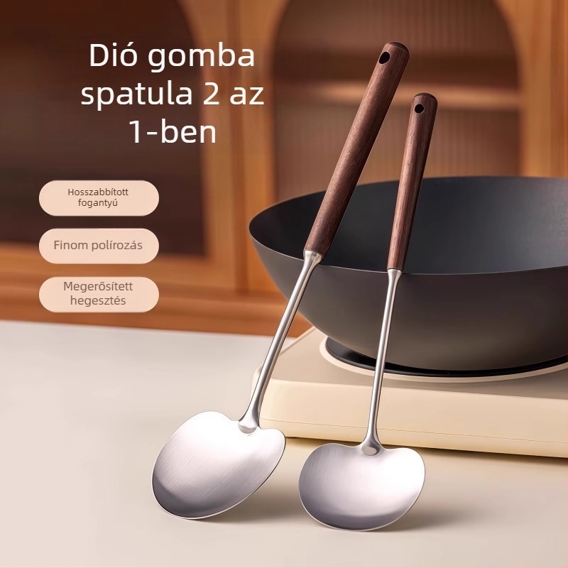 Hosszú nyelű gombás spatula, 304 rozsdamentes acélból, konyhai spatula fa nyéllel