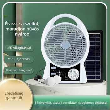 8 hüvelykes napelemes ventillátor USB töltéssel, Bluetooth, többfunkciós, hordozható