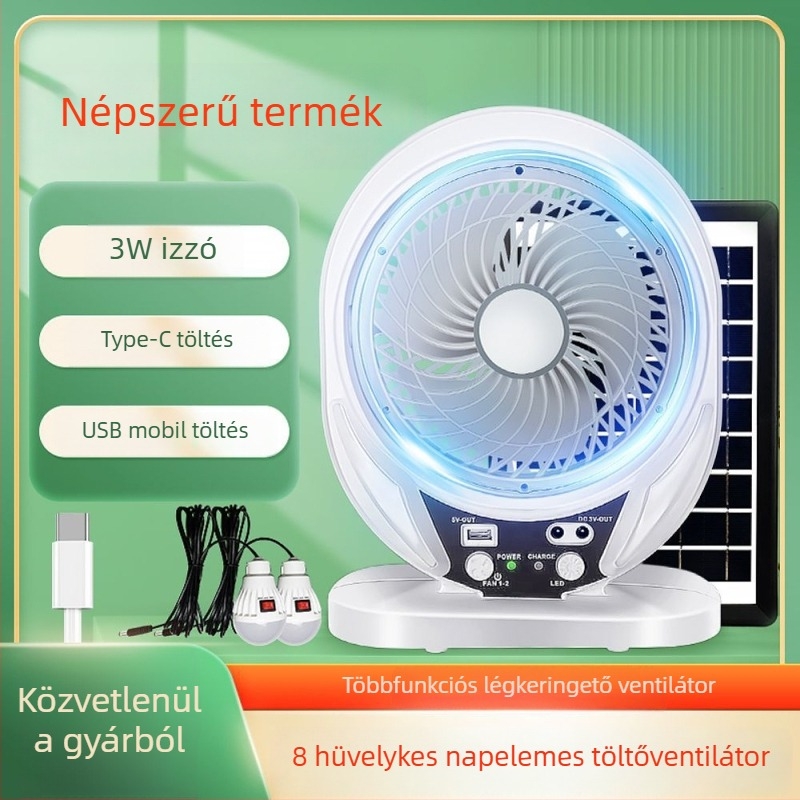 8 hüvelykes napelemes ventillátor USB töltéssel, Bluetooth, többfunkciós, hordozható