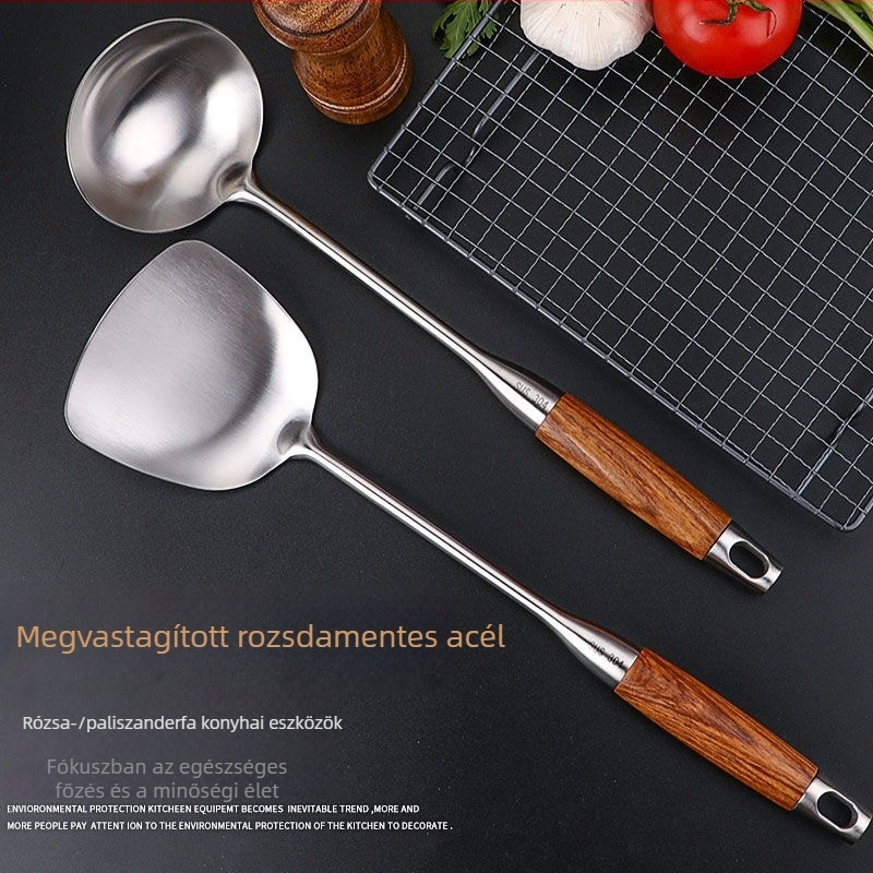 Rozsdamentes acél konyhai eszköz készlet: spatula, leveskanál, lyukas kanál, rizskanál és merőkanál