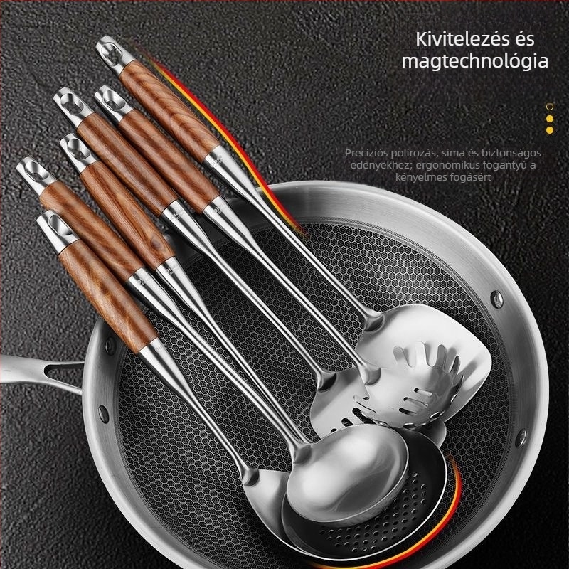 Rozsdamentes acél konyhai eszköz készlet: spatula, leveskanál, lyukas kanál, rizskanál és merőkanál