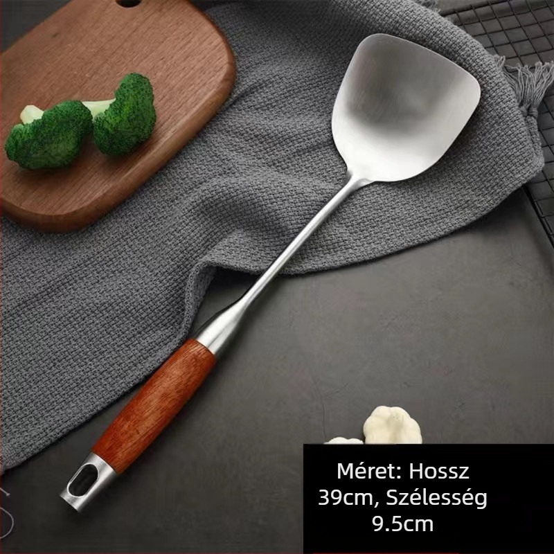 Rozsdamentes acél konyhai eszköz készlet: spatula, leveskanál, lyukas kanál, rizskanál és merőkanál