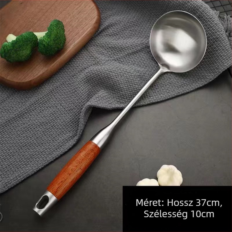 Rozsdamentes acél konyhai eszköz készlet: spatula, leveskanál, lyukas kanál, rizskanál és merőkanál