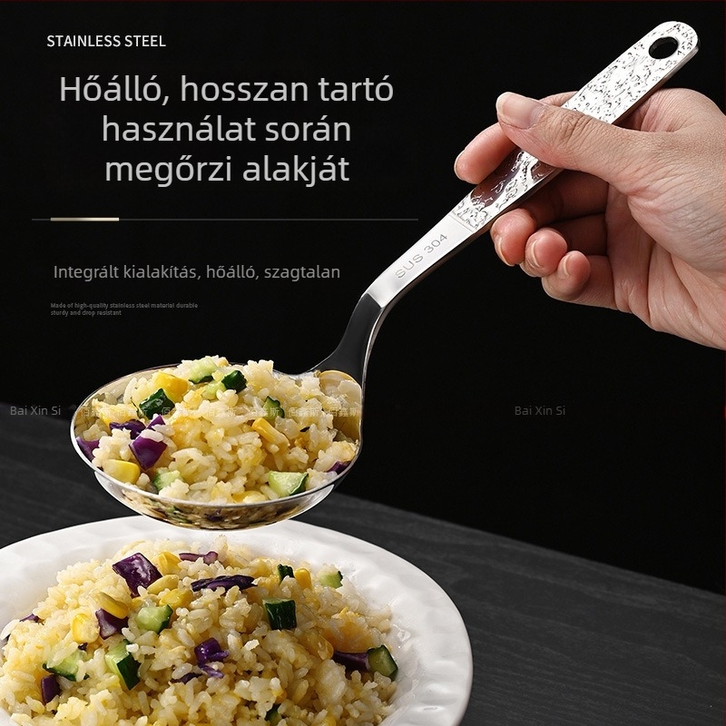 Egy darab rozsdamentes acél leveses kanál kalapált nyéllel, konyhai kanál nagy fejjel, égésgátló és hőálló