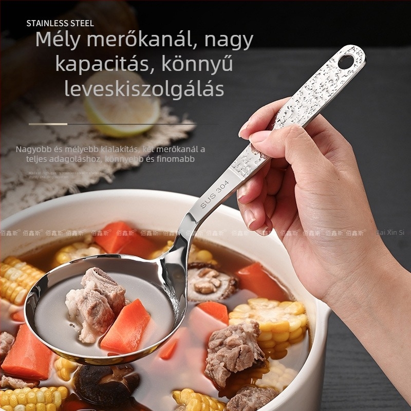 Egy darab rozsdamentes acél leveses kanál kalapált nyéllel, konyhai kanál nagy fejjel, égésgátló és hőálló