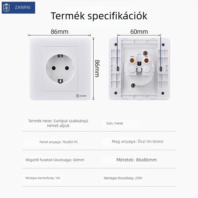 Zanpai 86-os típusú rejtett fehér aljzatpanel, 16A, német/európai stílus