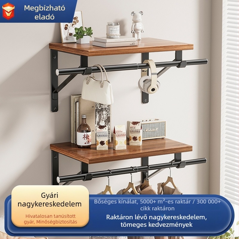 Falihoz szerelhető, többfunkciós tároló polc megerősített konzolokkal, cipők, táskák, ruhák és sapkák számára, rúddal