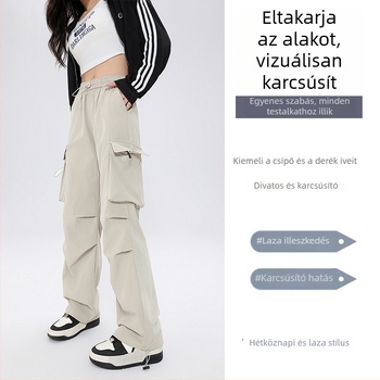 Női ejtőernyős nadrág, magas derekú, laza szabású, munkás-stílus, egyenes és széles szárú