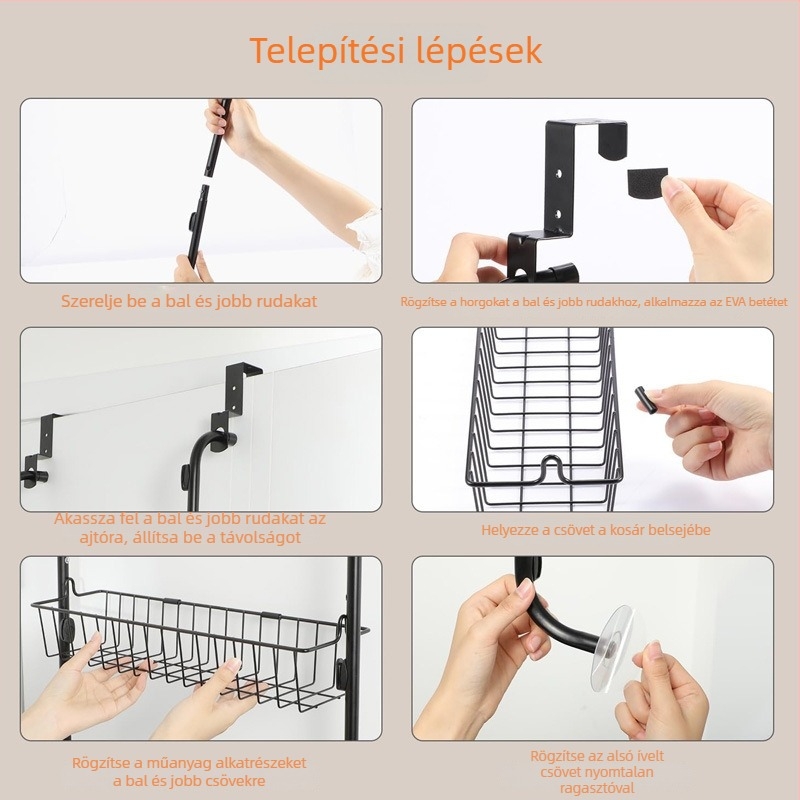 Ajtóra akasztható kosárállvány, fúrás nélkül, egyszerű felszerelés, több rétegű, helykímélő tároló.