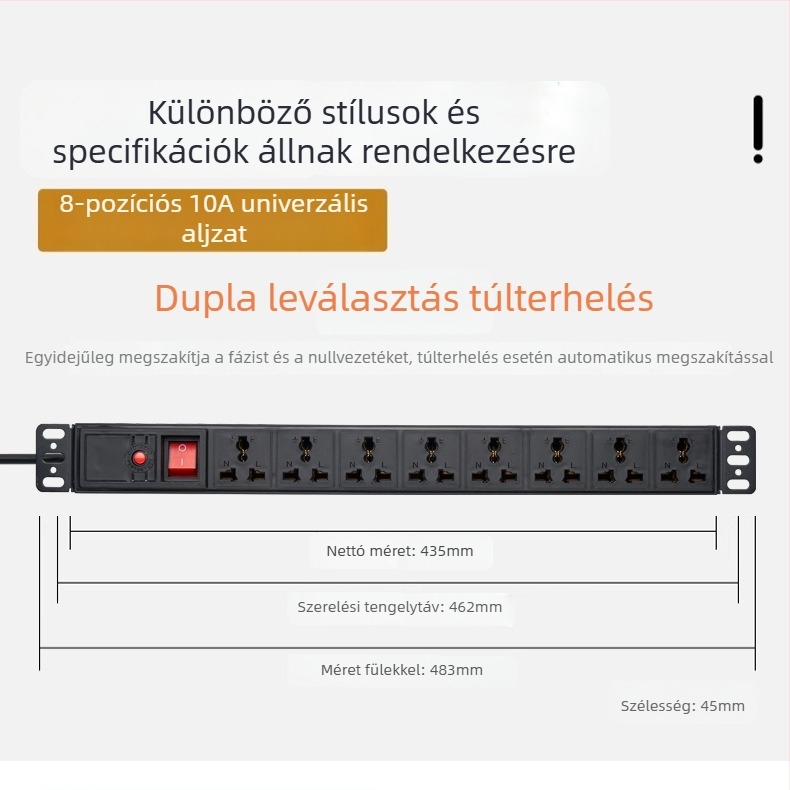 Hengmai PDU 19 hüvelykes rack-hez, dugaszoló aljzat, 6/8‑utas elosztó panel