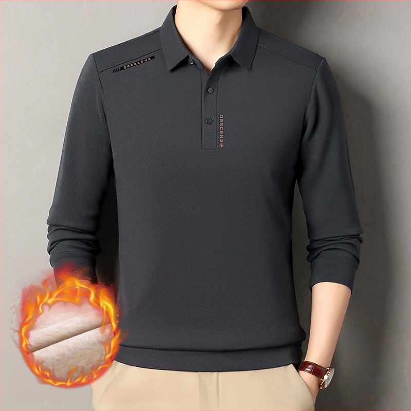 Férfi gyapjú–selyem polo fleece-béléses, téli, casual, vastag meleg felső