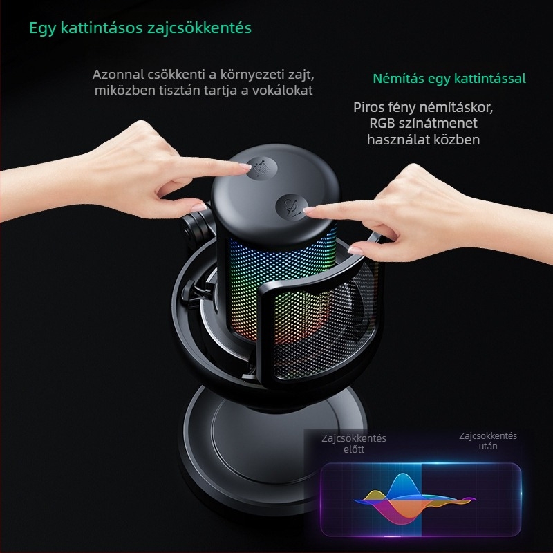 V1Pro élő karaoke és számítógépes felvételhez tervezett mikrofon, zajcsökkentés, RGB világítás, gaming/esport