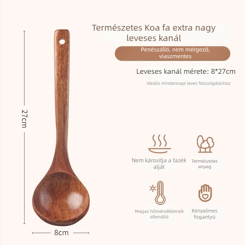 Fából készült leveskanál hosszú nyéllel, japán stílusú, leves és ramen tálalására