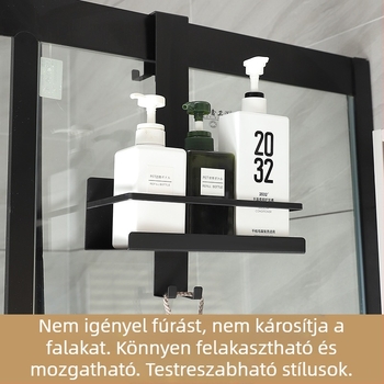 Fürdőszobai tároló polc üveg zuhanyajtóval, fúrás nélküli szerelés