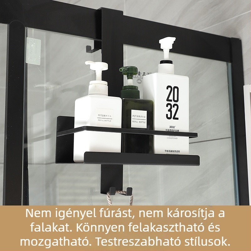 Fürdőszobai tároló polc üveg zuhanyajtóval, fúrás nélküli szerelés