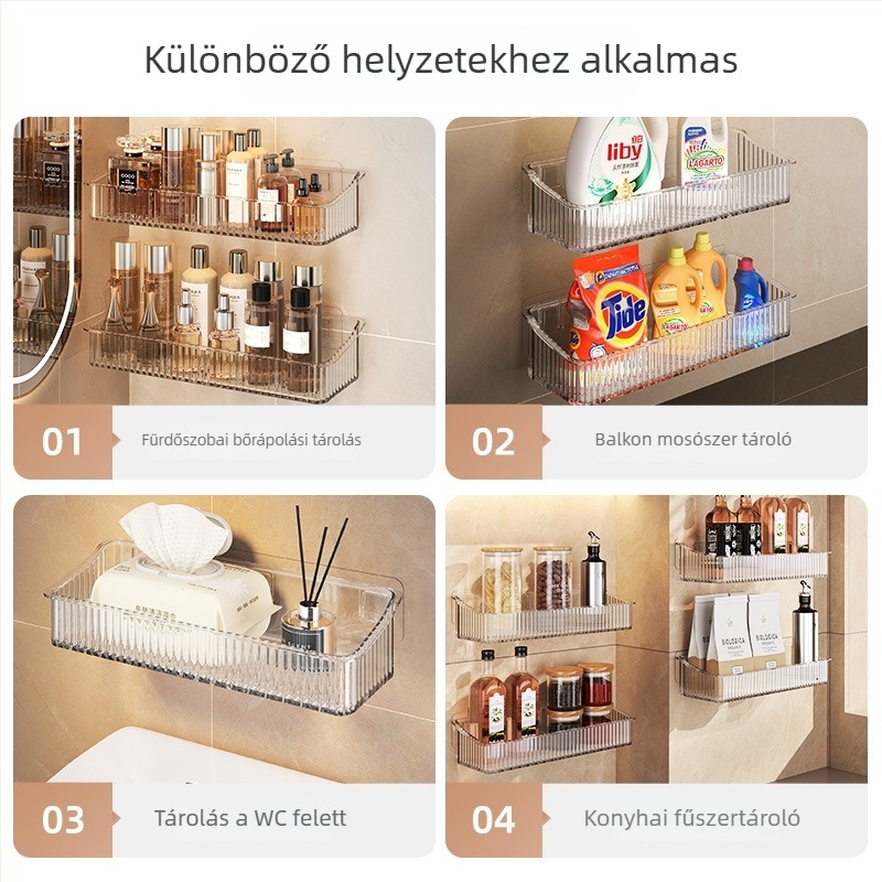 Fali fürdőszobai tárolópolc perforált kivitelben – kozmetikumok és tusfürdő tárolására