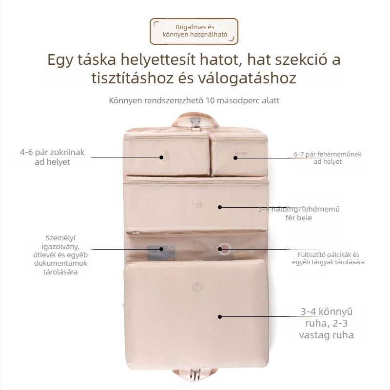 Utazási ruházat rendező táska, 6 az 1-ben, összecsukható rekeszekkel
