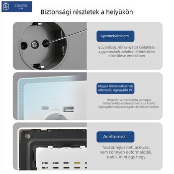 Zan Brand Rejtett falba épített konnektor, európai szabványú 86-os típus, 16A, USB-A és Type-C 2A