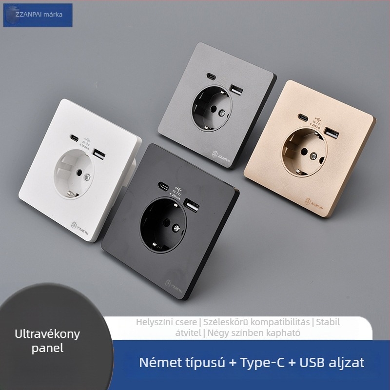 Zan Brand Rejtett falba épített konnektor, európai szabványú 86-os típus, 16A, USB-A és Type-C 2A