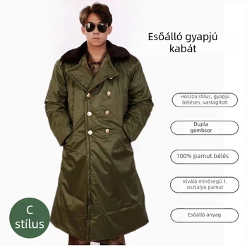 Katonai pamut hosszú kabát, vastagított, uniszex, egy méret, téli kültéri, zöld, vízálló, meleg, hideg elleni védelem