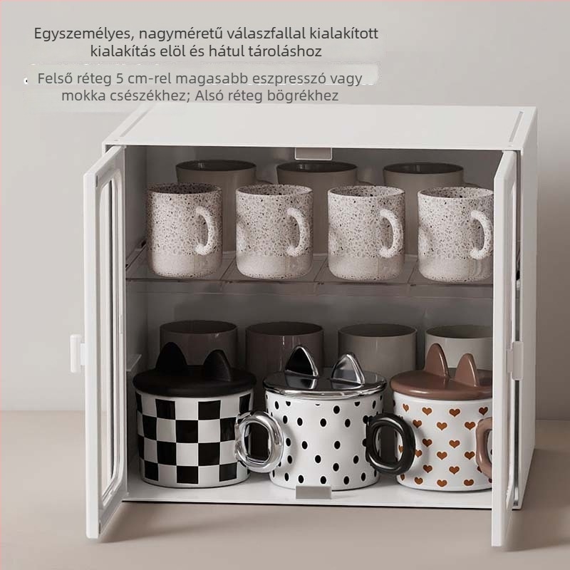 Könnyű luxus bögrék tároló állvány, többszintes, kifejezetten bögrékre, poharakra és kávés bögrékre; zárható, porálló, asztali rendező