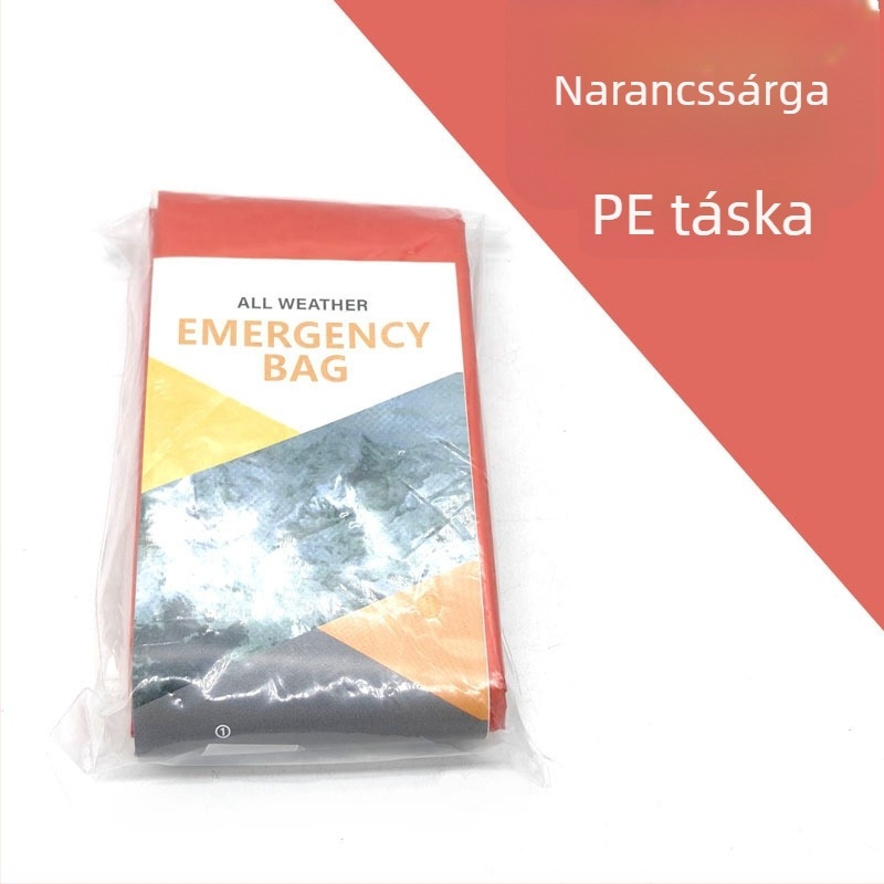 Kültéri vészhelyzeti hálózsák, narancssárga, kemping és túlélés, PE alumínium bevonat fóliával szigetelve, többfunkciós mentőfelszerelés.