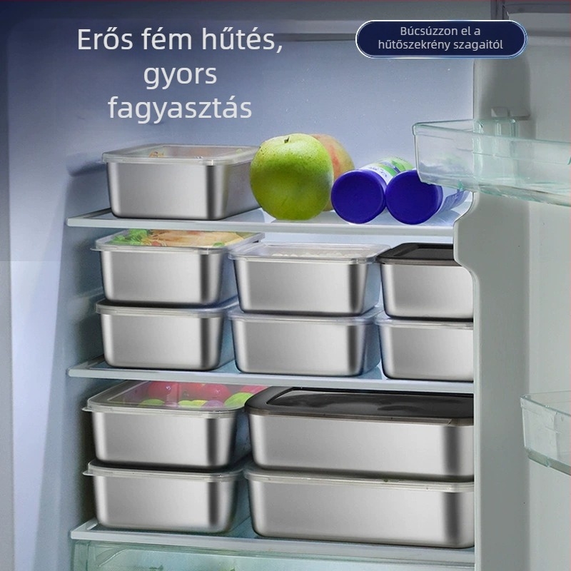304 rozsdamentes acél élelmiszer-tároló doboz fedővel, négyszögletes alakú tároló hűtőszekrényhez