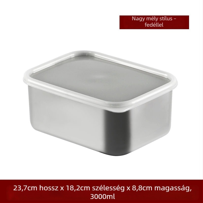 304 rozsdamentes acél élelmiszer-tároló doboz fedővel, négyszögletes alakú tároló hűtőszekrényhez
