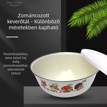 Zománcozott tál fedővel, több színű, vastag falú, instant tésztához