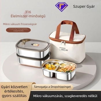 316 rozsdamentes acél antibakteriális minőségű rekeszes, szigetelt ebédes doboz, két rétegű, 301–500 ml, irodai és iskolai használatra