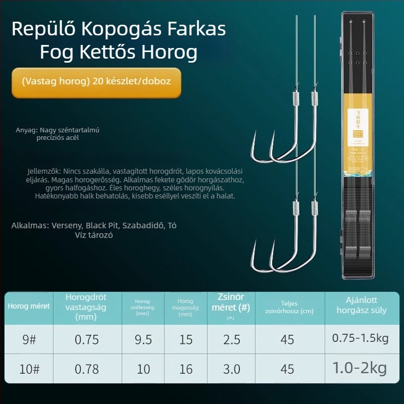 Giant Fin King versenyző farkasfog horogokkal, al-lin, kettős horog, anti-tekercselés, előkötött készlet karpázáshoz