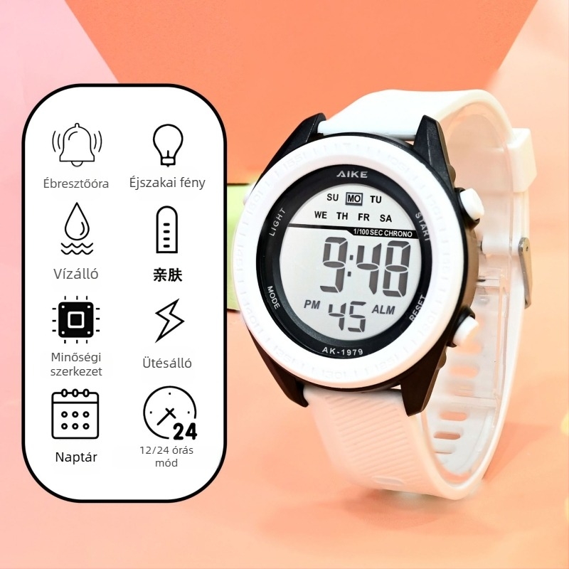 Uniszex digitális óra diákoknak és mindennapi kültéri használatra, 45 mm-es számlap, 30 m vízállóság.