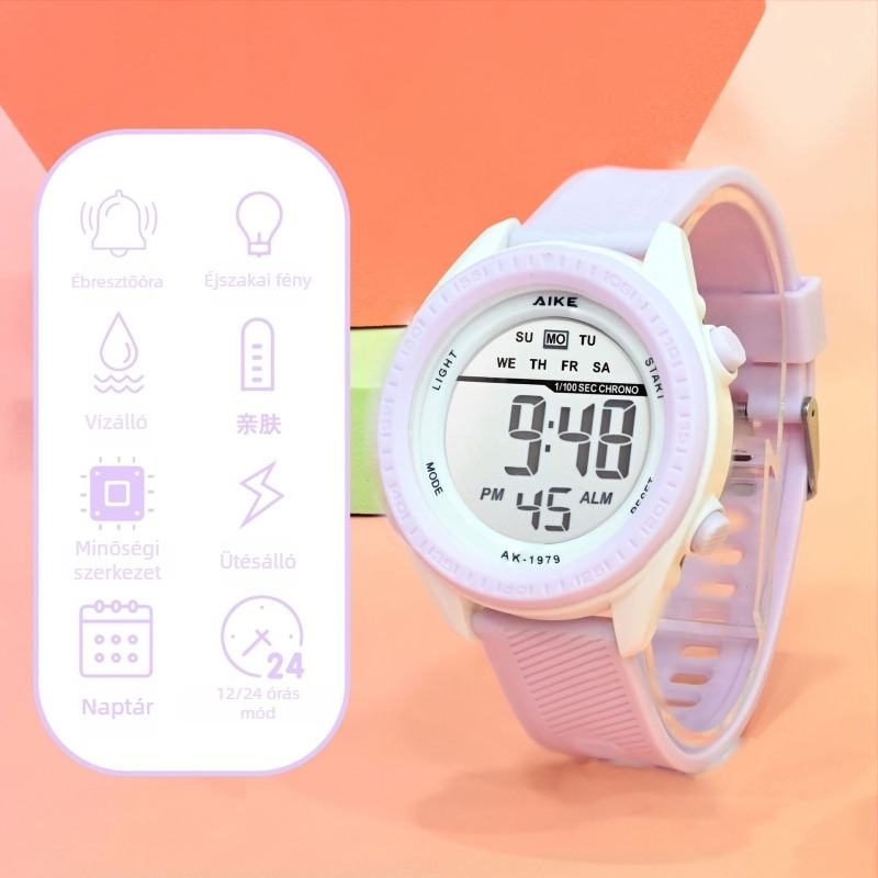 Uniszex digitális óra diákoknak és mindennapi kültéri használatra, 45 mm-es számlap, 30 m vízállóság.