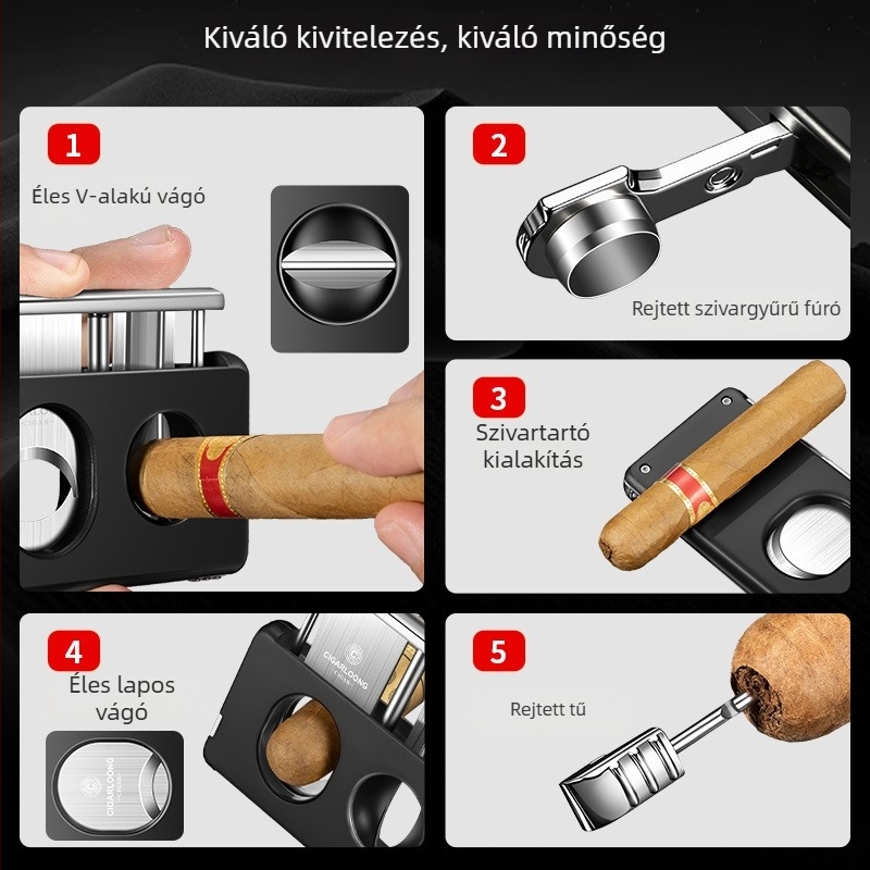 Cigarloong öt az egyben multifunkcionális szivarvágó rozsdamentes acél pengével, sík szájnyílás és V‑alakú nyílás, szivar tartó, tű és fúró