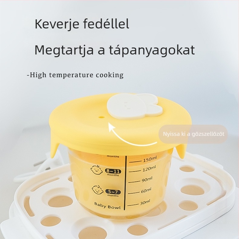 Üveg bébiételes tál zárt tárolóval – gőzölhető tojásos tál és gyerekeknek való ebédbox