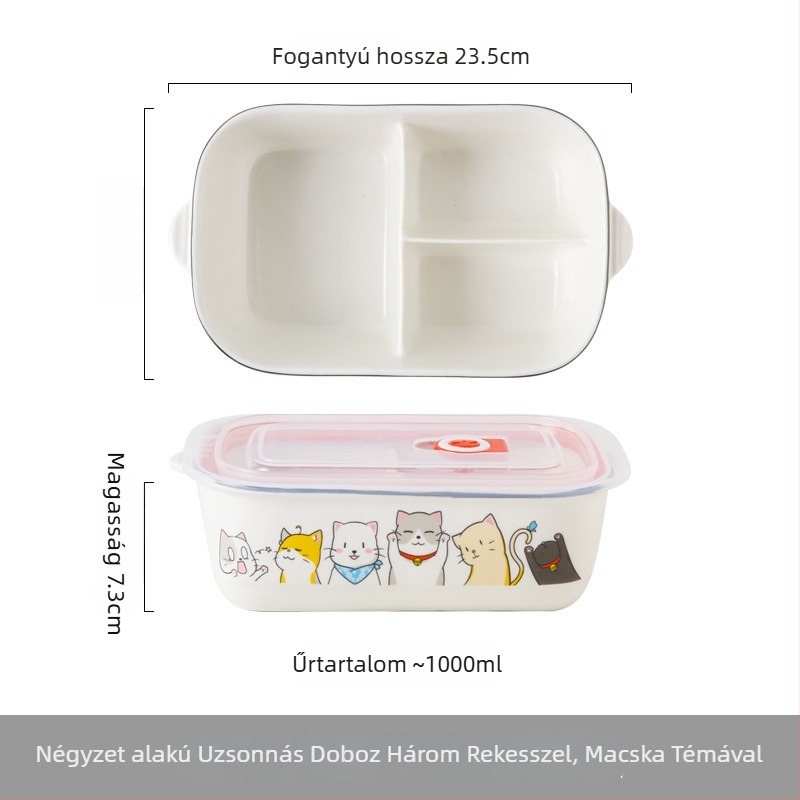 Kerámia ételhordó rekeszekkel és fedővel, mikrohullámú sütőben használható, aranyos cartoon dizájn, irodai dolgozóknak és diákoknak, kör 800–1000 ml