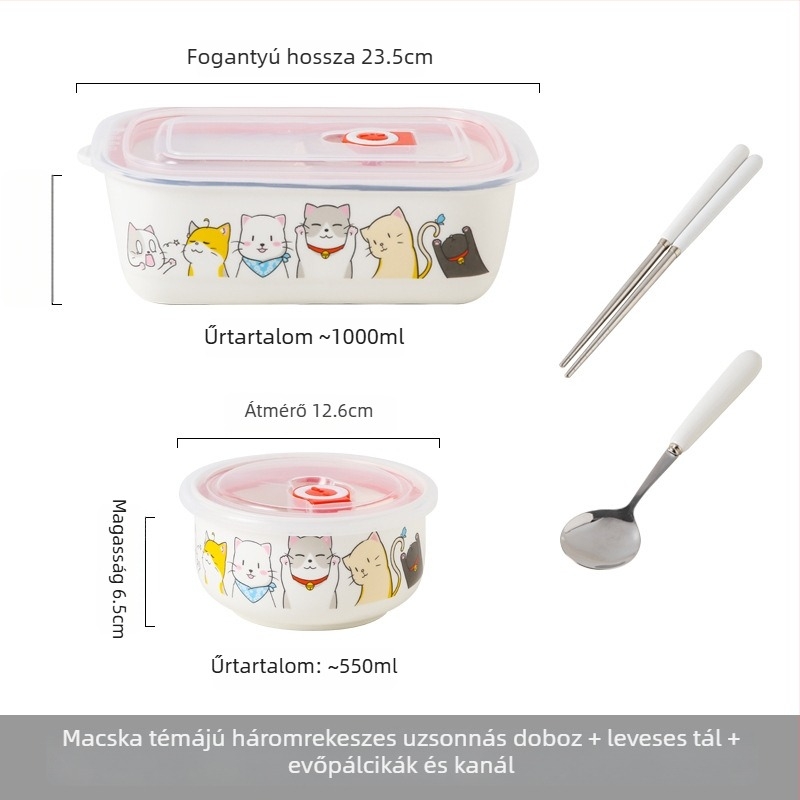 Kerámia ételhordó rekeszekkel és fedővel, mikrohullámú sütőben használható, aranyos cartoon dizájn, irodai dolgozóknak és diákoknak, kör 800–1000 ml
