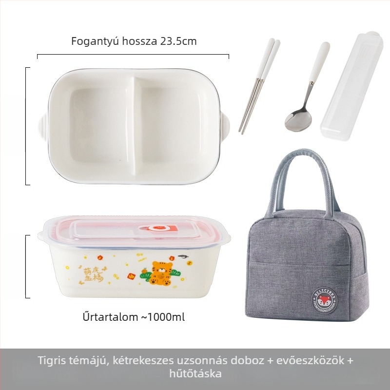 Kerámia ételhordó rekeszekkel és fedővel, mikrohullámú sütőben használható, aranyos cartoon dizájn, irodai dolgozóknak és diákoknak, kör 800–1000 ml