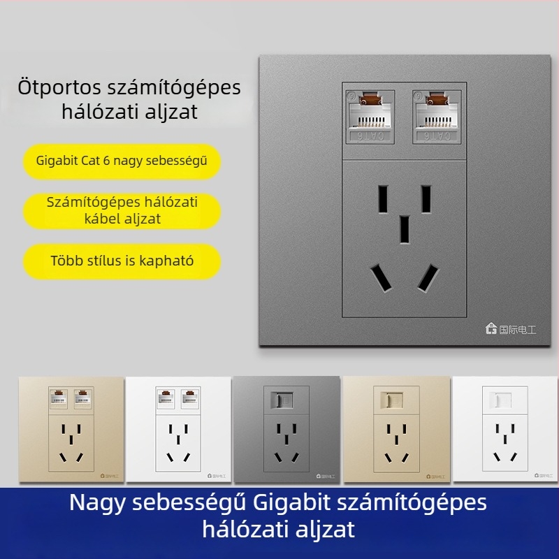 86-os típusú falra szerelhető hálózati panel 5 csatlakozóval, Gigabit Cat6 portok és tápegység