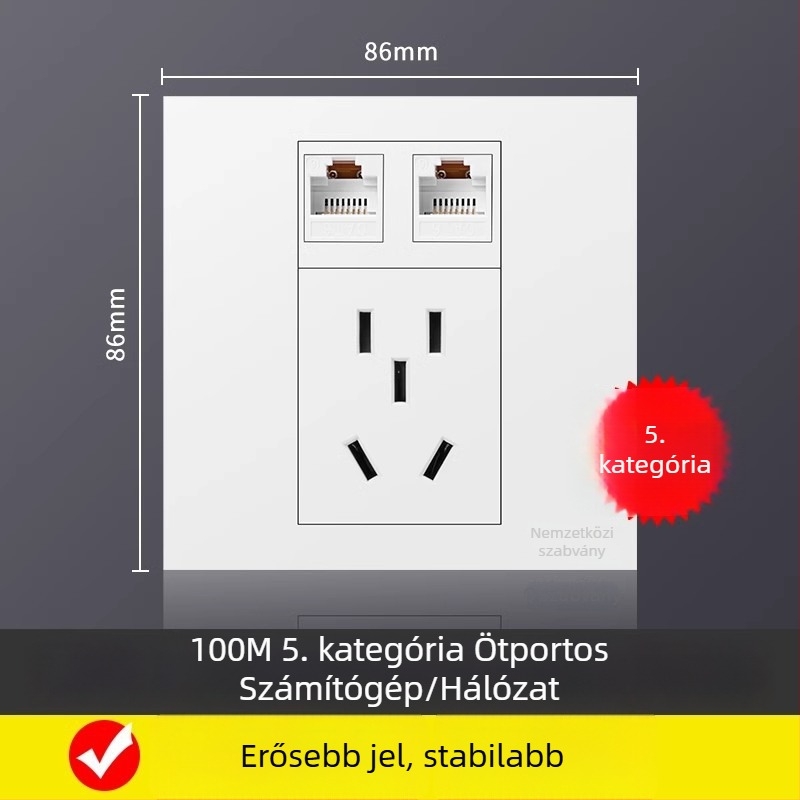86-os típusú falra szerelhető hálózati panel 5 csatlakozóval, Gigabit Cat6 portok és tápegység