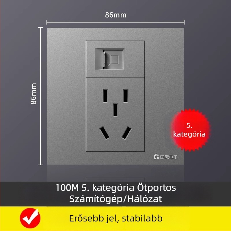 86-os típusú falra szerelhető hálózati panel 5 csatlakozóval, Gigabit Cat6 portok és tápegység