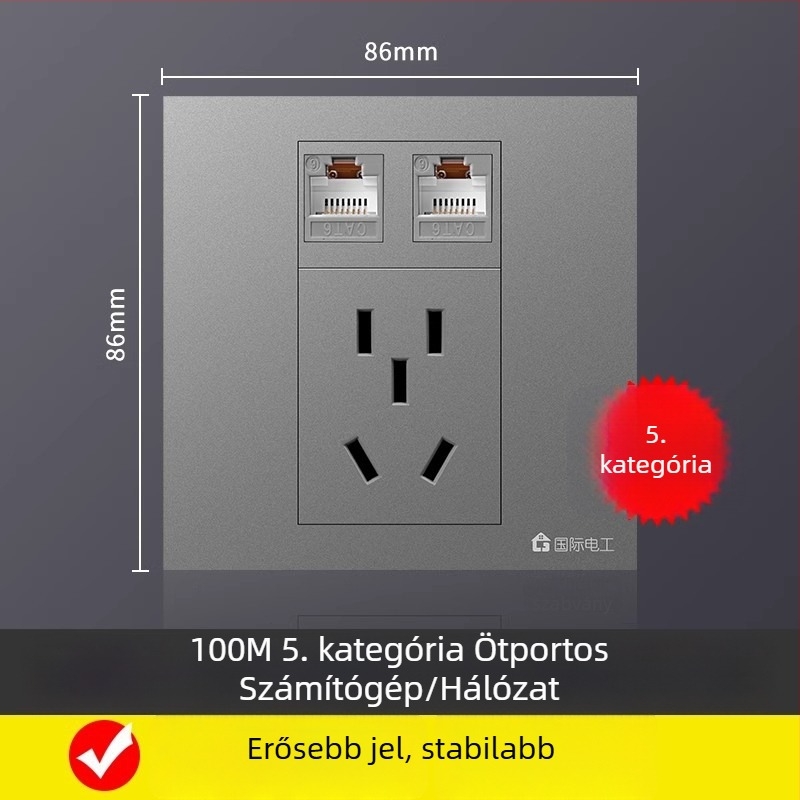 86-os típusú falra szerelhető hálózati panel 5 csatlakozóval, Gigabit Cat6 portok és tápegység